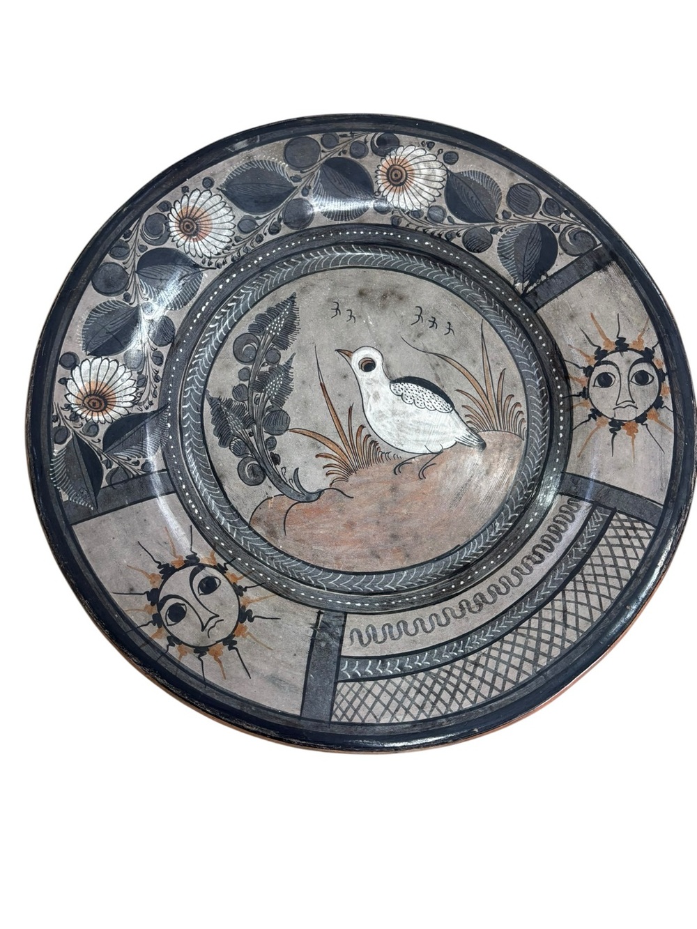 Vintage Mexican Melchor Hanging Charger Plate Tonala Folk Art Pottery 11.5 in